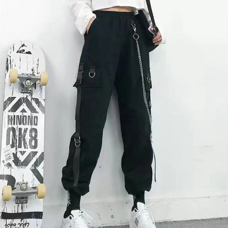 ZOKI Gothic Women Cargo Pants Black Joggers High Waisted Harajuku Harem Pants Punk Goth Techwear Chain Trousers Female Hip Hop