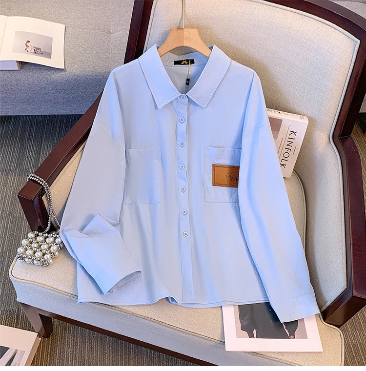 Spring and autumn new plus size women's commuter professional shirt polo collar blue simple loose blouse suit bottoming shirt