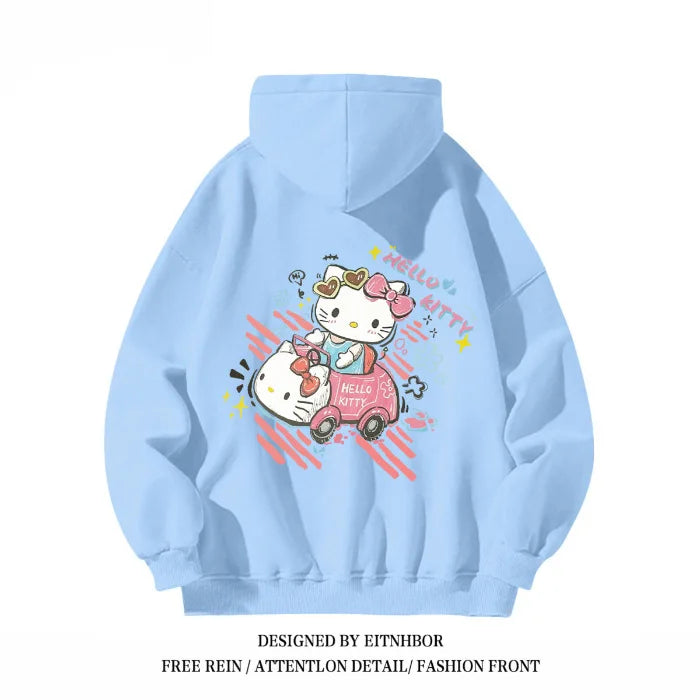 Hello Kitty Hooded Sweatshirt American Niche Fun Graffiti Cartoon Anime Women'S Autumn and Winter Loose Fit Slimming Jacket