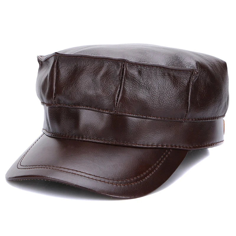 Winter first layer cowhide flat top octagonal hat men's father warm Leather Hat ear protection military cap duck tongue cap