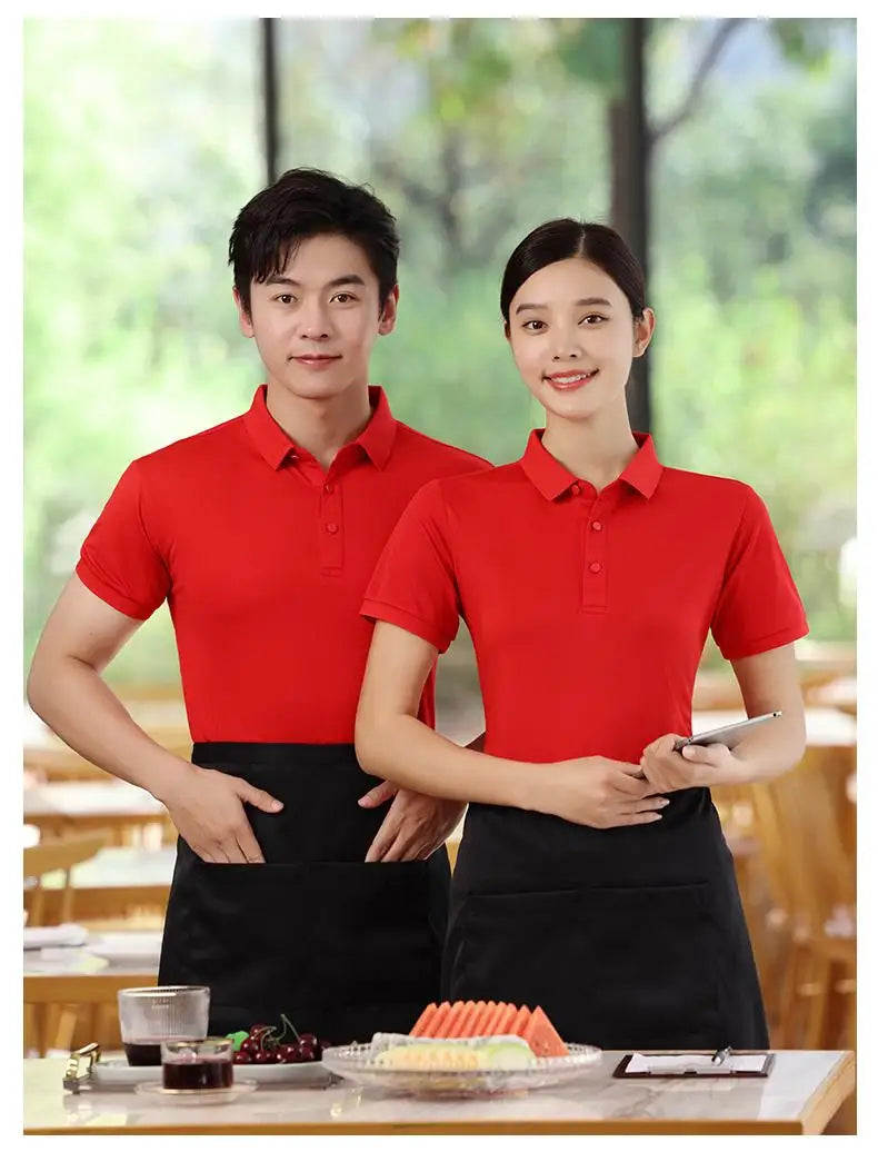 Spring Summer Polos Customized Logo Mens Shirt Women's Polos Solid Color Restaurant Waiter Work Clothes 100% Polyester