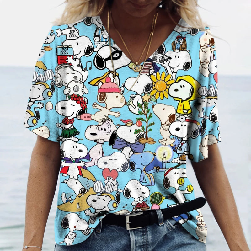 Summer Women T-Shirt S-3XL Fashion Short Sleeve V-Neck Top Snoopy print T-Shirt Casual Loose Female Street Style