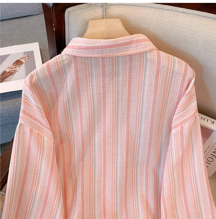 Plus Size women's spring casual commuter shirt terylene cotton fabric striped top medium long pocket top comfortable breathable