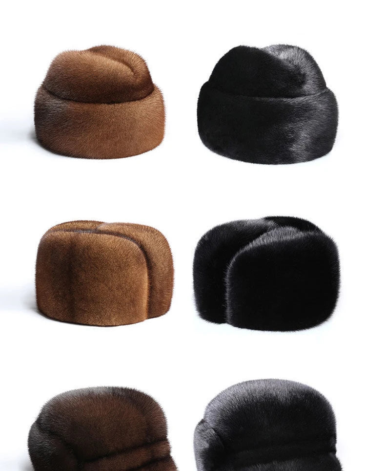 Luxury Winter Man Top Real Mink Fur Bomber Hat Male Genuine Marten Head Warm Black/Brown Caps Best Gift For Dad Gorras