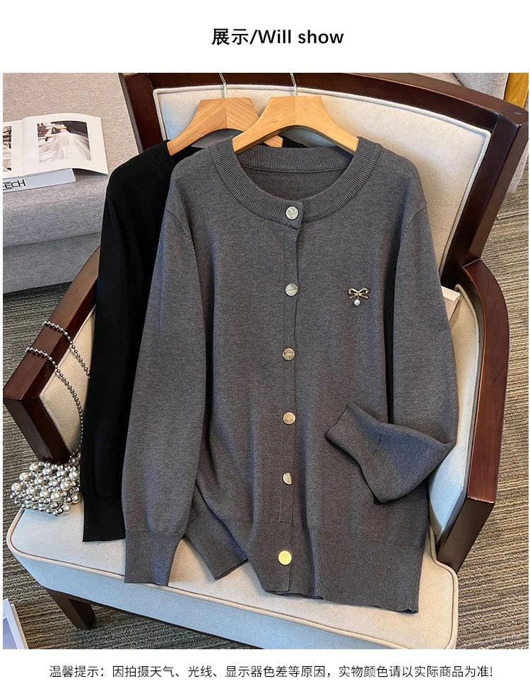 170Kg Plus Size Women's Bust 160 Spring Autumn Loose Cardigan Sweater Knitted Jacket Black Dark Gray 4XL 5XL 6XL 7XL 8XL 9XL