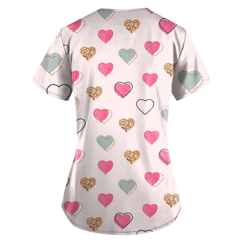 Women Working Uniform Valentine Day Femme Blouse Nurse work wear Medical Uniforms Heart Print Cartoon Short Sleeve V-neck Tops