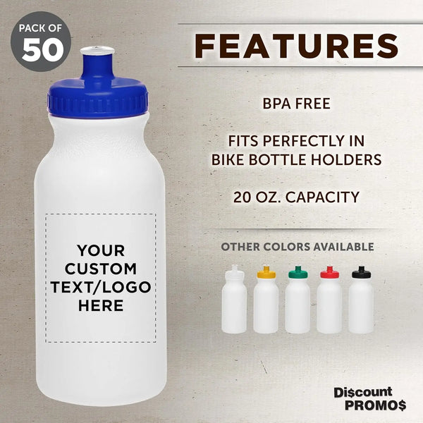 PROMOS Custom White Water Bottles with Push Cap -50 pack, Customizable Text, Logo, 20 oz, Reusable BPA FREE Squeezable Bottles i