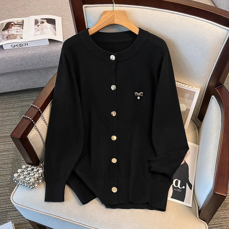 170Kg Plus Size Women's Bust 160 Spring Autumn Loose Cardigan Sweater Knitted Jacket Black Dark Gray 4XL 5XL 6XL 7XL 8XL 9XL