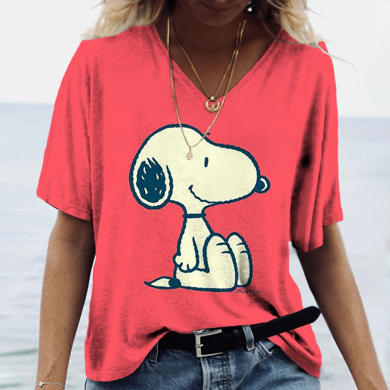 Summer Women T-Shirt S-3XL Fashion Short Sleeve V-Neck Top Snoopy print T-Shirt Casual Loose Female Street Style