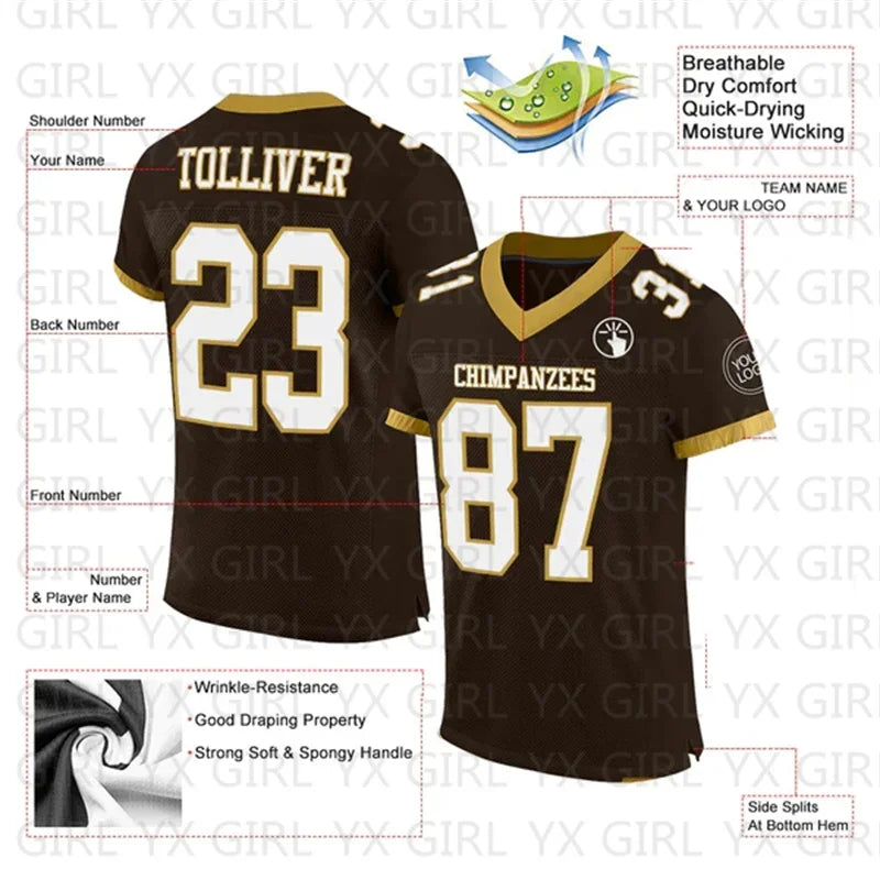 Custom Brown White-Old Gold  Football Jersey Personlized Team name and you name, number V-Neck Athletic Football T-Shirts