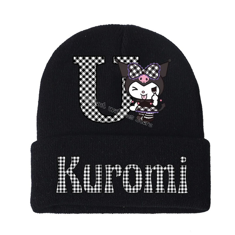 Kuromi Knitted Hat for Children A-Z Letters Cartoon Beanies Cap Winter Kids Street Hats Outdoor Warm Knitted Cap Black Hats Gift