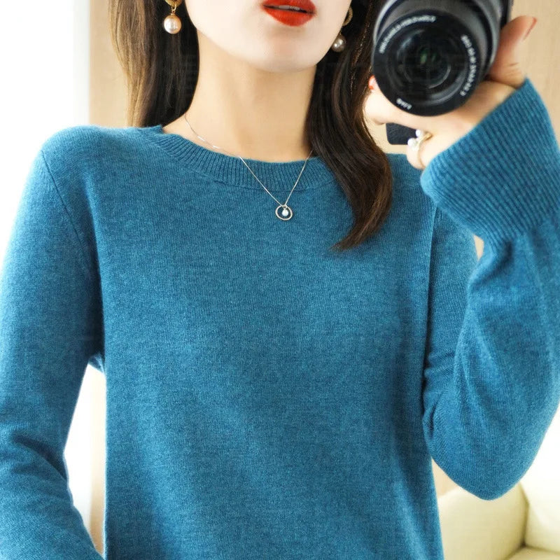 Sweaters Round Neck Pullover Women Keep Warm Long Sleeves Solid Color Bottoming Shirt Autumn Winter Cashmere Commuting Style