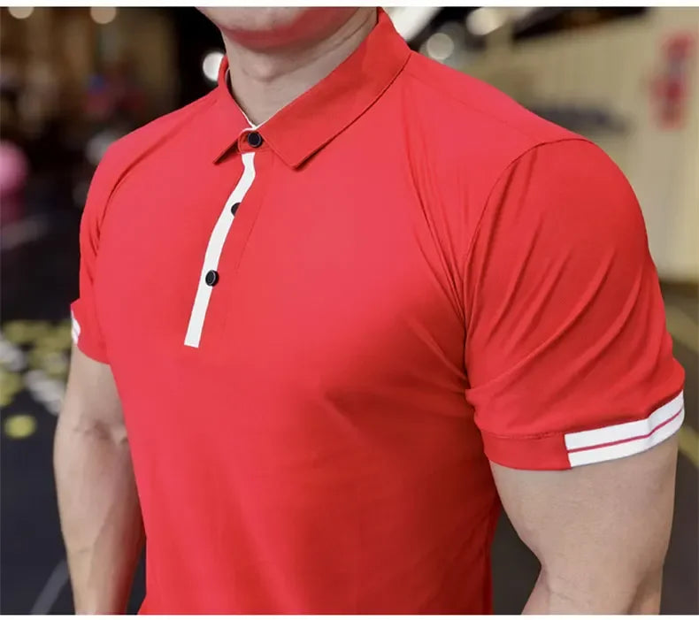 Men's Athleisure Ice Silk Top Tee Sweatshirts Fitness Training Tights Golf Short Lapel Activewear Sleeve Gym Muscle Fit Shirt