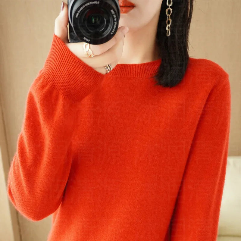 Sweaters Round Neck Pullover Women Keep Warm Long Sleeves Solid Color Bottoming Shirt Autumn Winter Cashmere Commuting Style