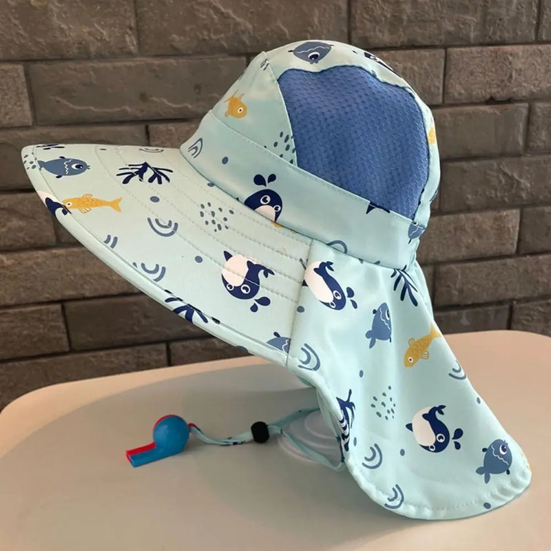 Bucket Cap Summer Baby Hat Neck Ear Cover With Whistle Children's Sunscreen Hat Wide Brim Breathable Kids Beach Caps