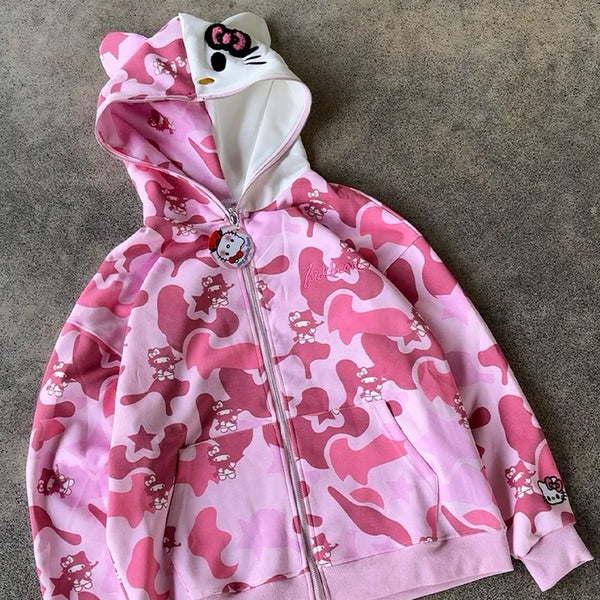 Hello Kitty Zip Hoodie Loose Cardigan Coat Streetwear Women Clothes Oversized Sweatshirt Cardigan Pure Cotton Camouflage Jacket