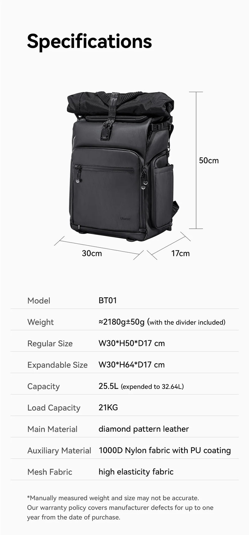 Ulanzi BT01 Business Travel Backpack 25.5-32.64L Capacity for Outdoor Photography Short Trip Water-repellent Fabric Camera Bag