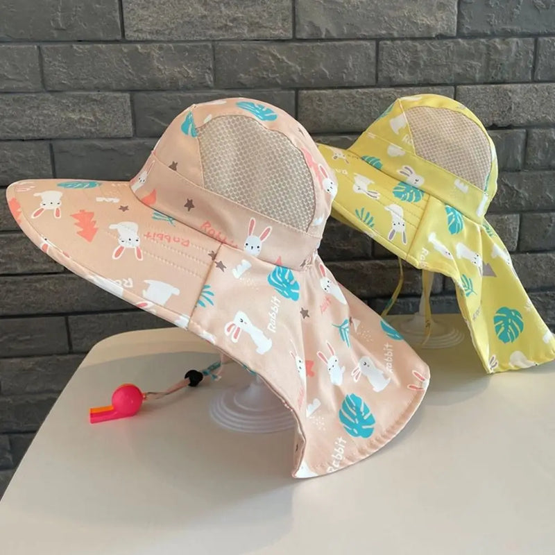 Bucket Cap Summer Baby Hat Neck Ear Cover With Whistle Children's Sunscreen Hat Wide Brim Breathable Kids Beach Caps