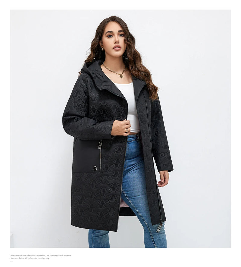 HaiLuoZi 2023 Autumn Women Jackets Plus Size Long Hooded Quilted Light weight Big pockets Bio-cotton Stylish Women's coat 5537