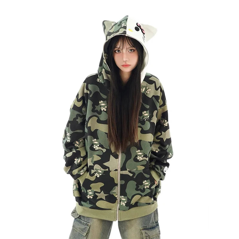 Hello Kitty Zip Hoodie Loose Cardigan Coat Streetwear Women Clothes Oversized Sweatshirt Cardigan Pure Cotton Camouflage Jacket