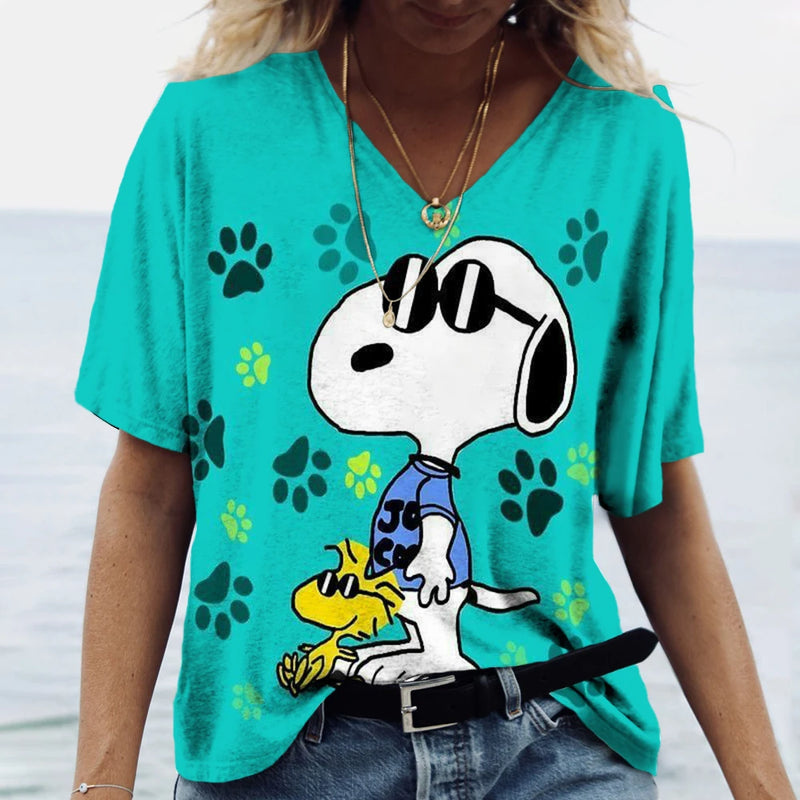 Summer Women T-Shirt S-3XL Fashion Short Sleeve V-Neck Top Snoopy print T-Shirt Casual Loose Female Street Style