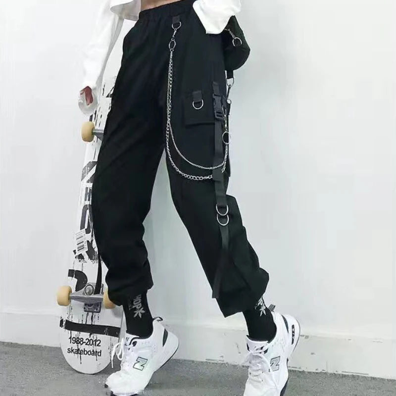 ZOKI Gothic Women Cargo Pants Black Joggers High Waisted Harajuku Harem Pants Punk Goth Techwear Chain Trousers Female Hip Hop