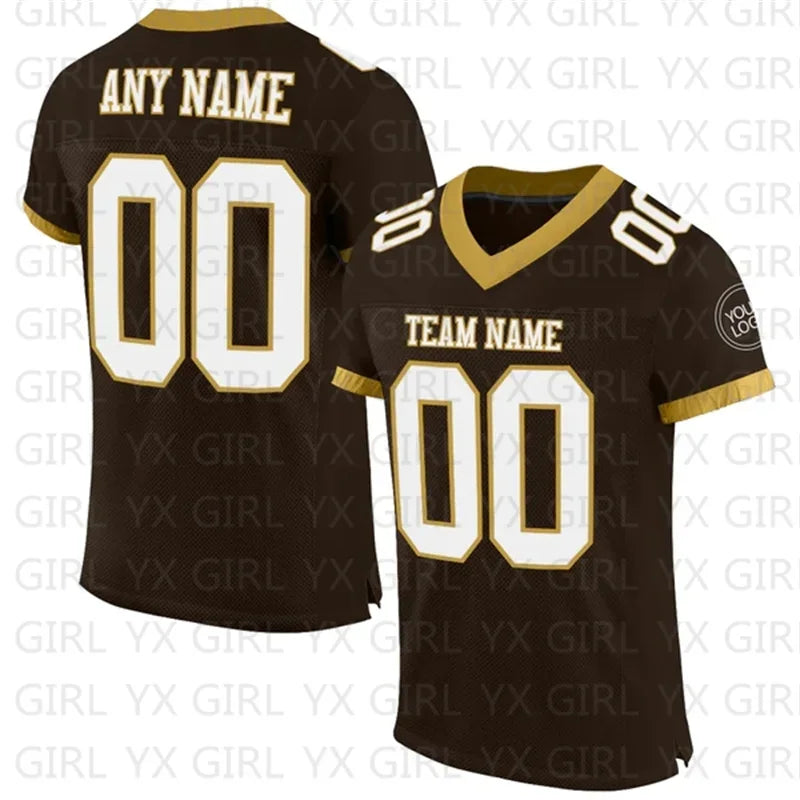 Custom Brown White-Old Gold  Football Jersey Personlized Team name and you name, number V-Neck Athletic Football T-Shirts