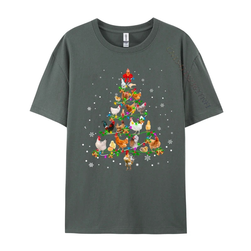 Chicken Christmas Tree Ornament Decor Xmas T-Shirt Male Fashionable Tops & Tees Round Neck Cotton Fabric Normal