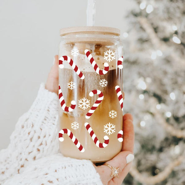 Candy Cane Coffee Mug Glass, Bamboo Lid & Straw