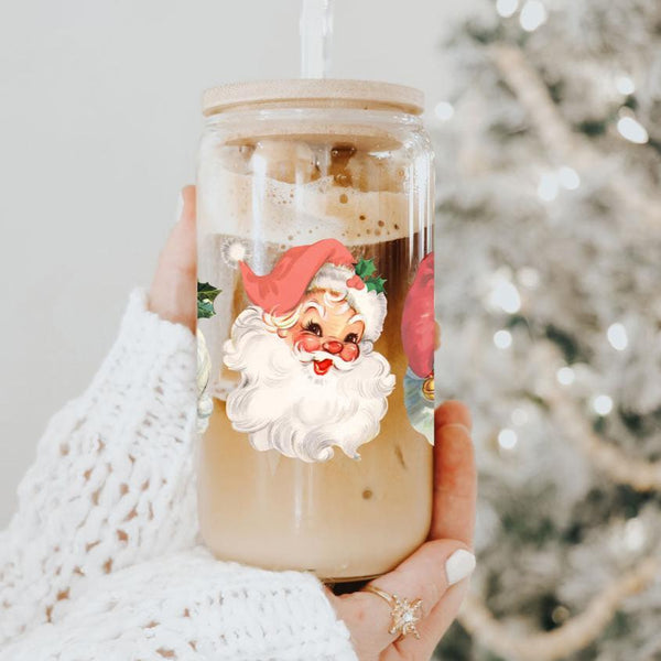 Vintage Santa Glass Cup with Lid & Straw