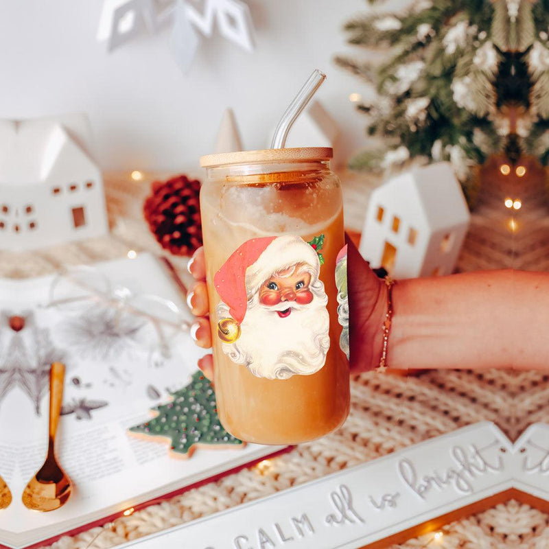 Vintage Santa Glass Cup with Lid & Straw