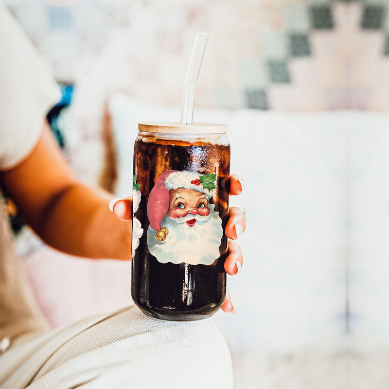 Vintage Santa Glass Cup with Lid & Straw